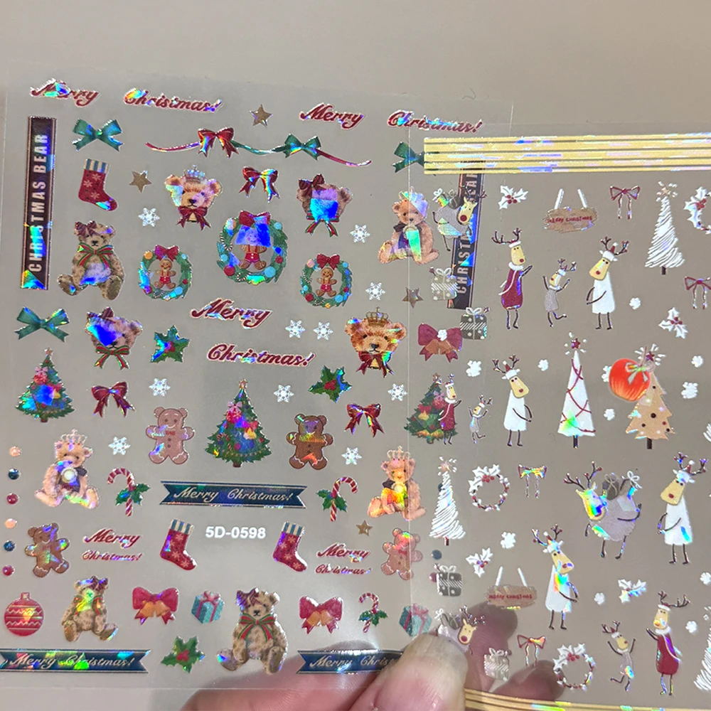 

2-sheets Christmas Bear Elk Nail Sticker Glass Shards Effect Bowknot Snowflake Wreath Nail Decals Shiny Xmas Nail Silder Sticker