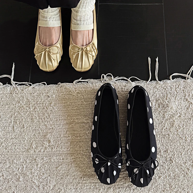 2026 new spring autumn women pumps natural leather 22-25cm satin+sheepskin pleated low heel butterfly-knot women shoes fashion