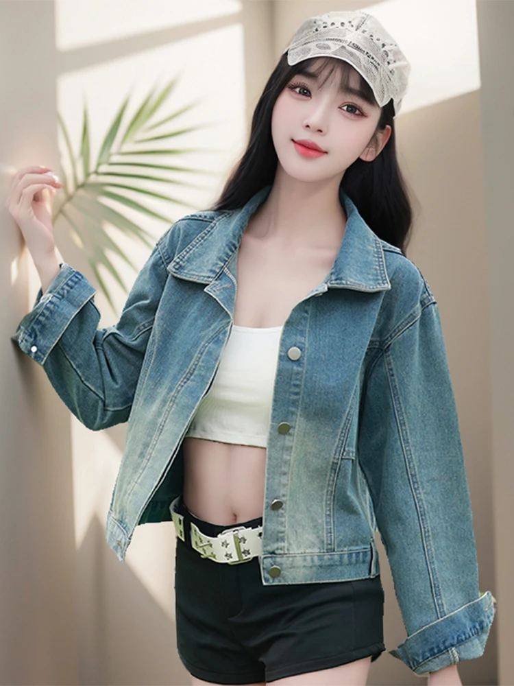 

Retro American Distred Denim ort Jaet Women's Spring Autumn Loose Network Famous Jaet Top Button Long Sve