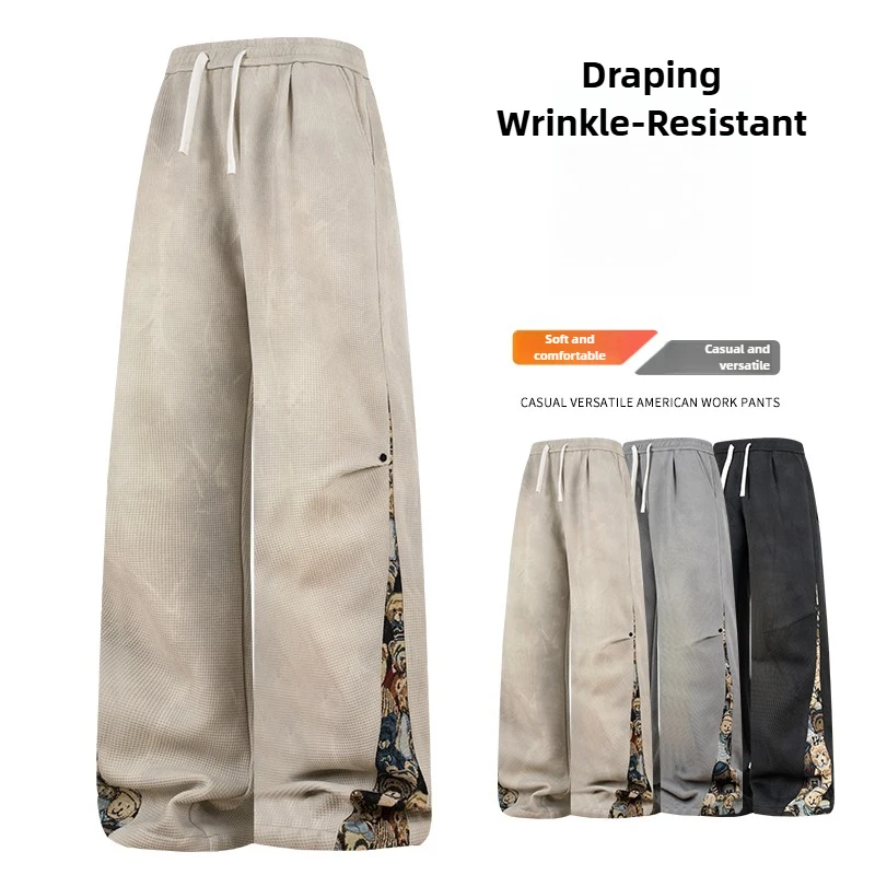 

New Chinese Style Men's Wide Leg Sweatpants with Bear Pattern, American Casual Fashion Pants Wrinkle Free and Machine Washable