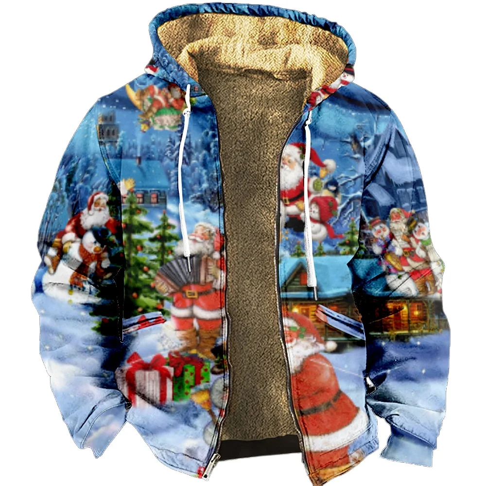 Zipper Hoodies Christmas Cartoon Santa Claus Winter Clothing Long Sleeve Hooded Keep Warm Jacket Outerwear for Men and Women