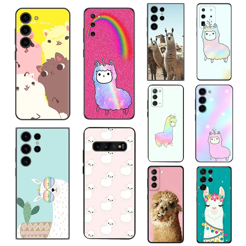 Cute Alpaca Llama Silicone Black Phone Cases for Samsung Galaxy S23 S24 Ultra S22 S21 S20 FE Plus Note20 S10 5G E Lite Cover