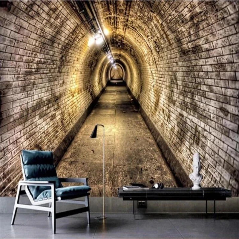 Customized products wallpaper photo 3D industrial wind cave brick wall tunnel background wall home decoration mural Waterproof