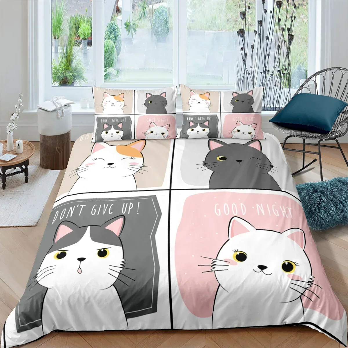 Cute Pet Cats Bedding Set Cartoon Kitten Print Duvet Cover Pillowcase for Girl Twin Full King Double Size Polyester Quilt Cover