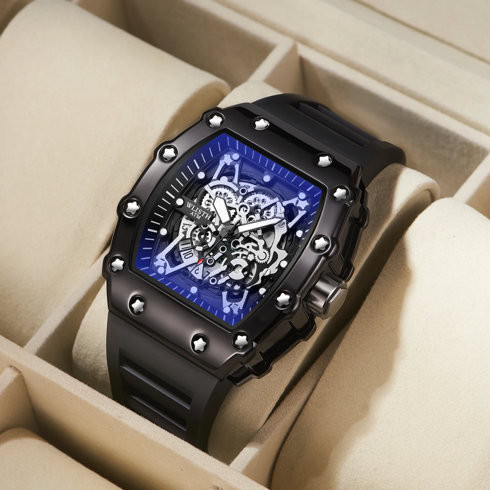 

Luxury Men Watch Silicone Wine Barrel Shaped Watches for Man Skeleton Male Quartz Wristwatch Fashion Luminous Waterproof Clock