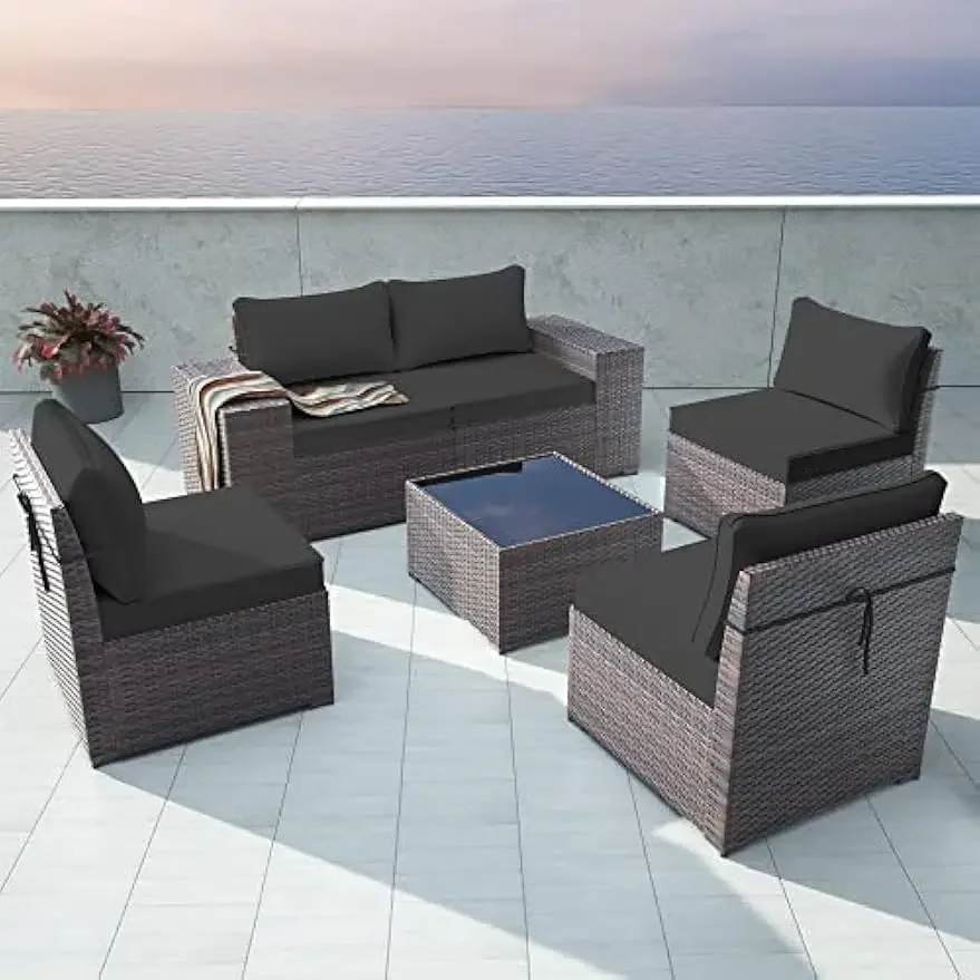 Outdoor Sectional Wicker Furniture All-Weather PE Rattan Patio Sets w/Replaceable Black Waterproof Cushions and 1 Coffee Table