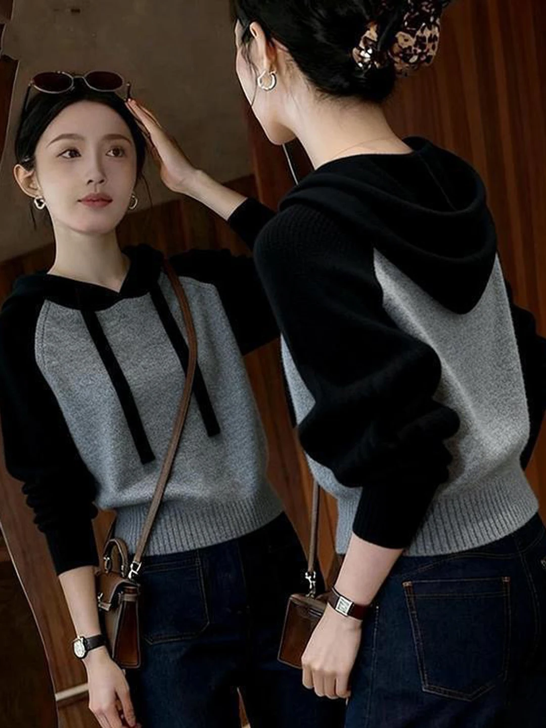 

Свободный вязаный худи с цветными блоками для женщин: осень-зима, ранняя весна. Новинка, универсальный базовый слой, носимый как верхняя одежда.