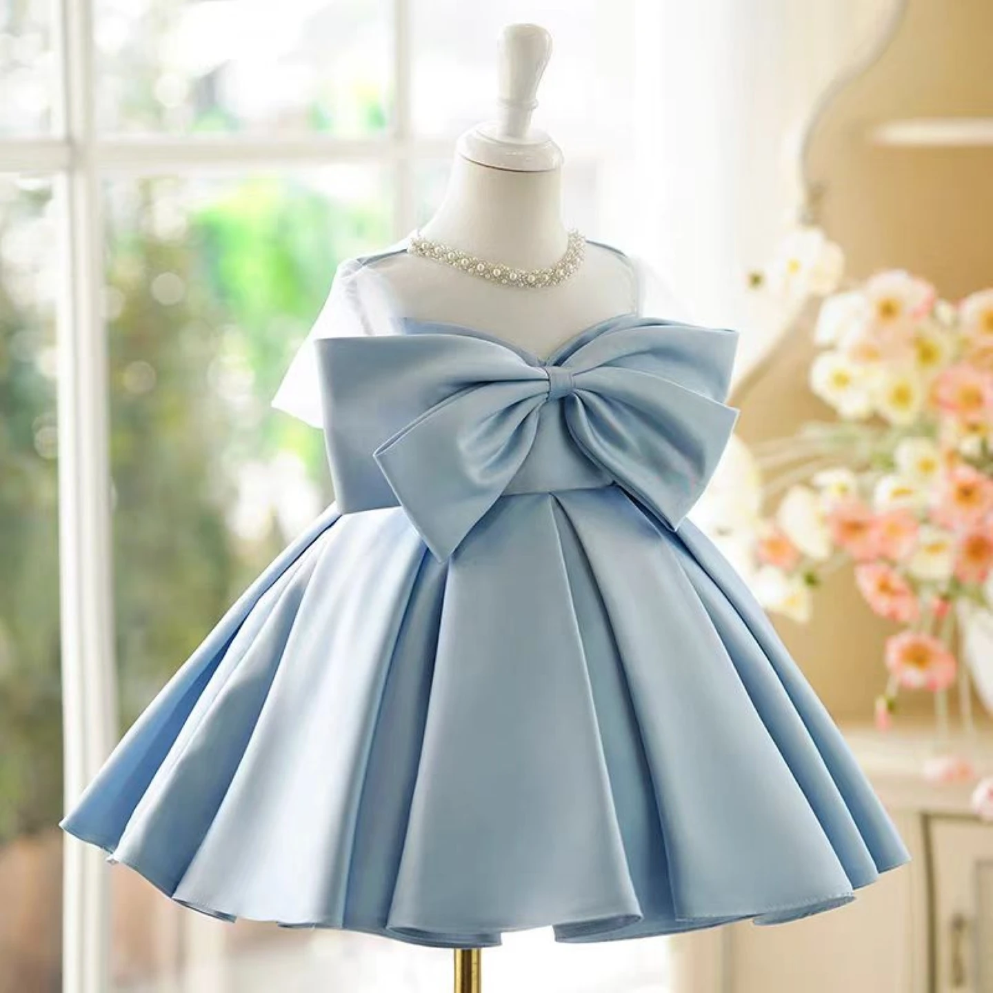 Dreamy Vow J756 Elegant Blue Baby Girl Dress Satin Bowed for Kids 1st Birthday Party Holiday Princess Knee Length Ball Gown