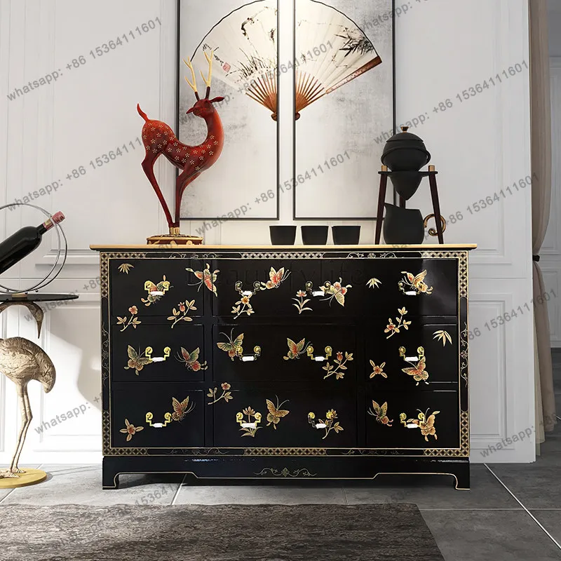 

Retro new Chinese decorative solid wood nine-chest cabinet hand-painted butterfly bedroom storage cabinet