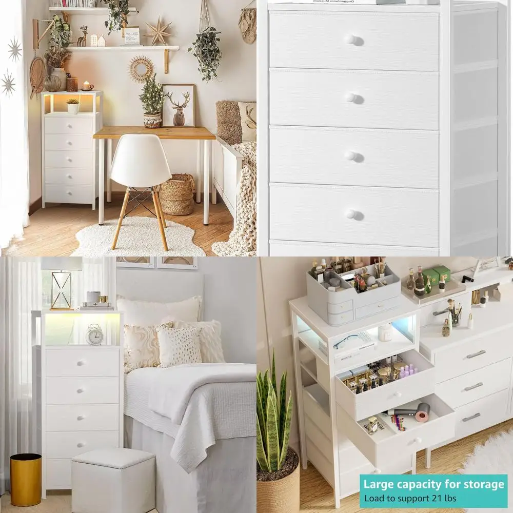 5-Drawer Tall Nightstand with Charging Station & LED Light - Bedroom Storage Solution