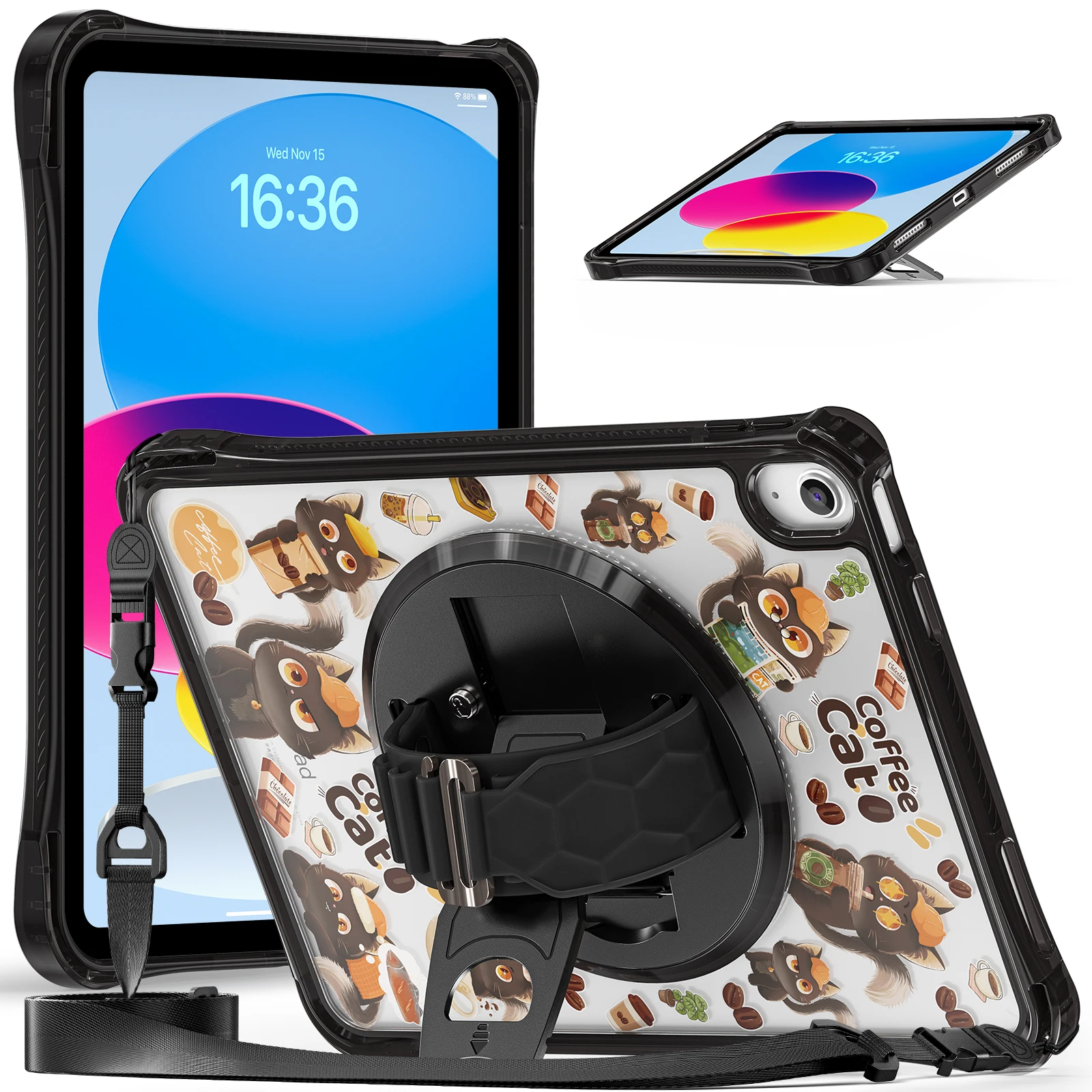 

For iPad (2025) / 10.9 (2022) Case Kickstand Hand Strap Imprint PC TPU Acrylic Cover with Shoulder Strap - Black