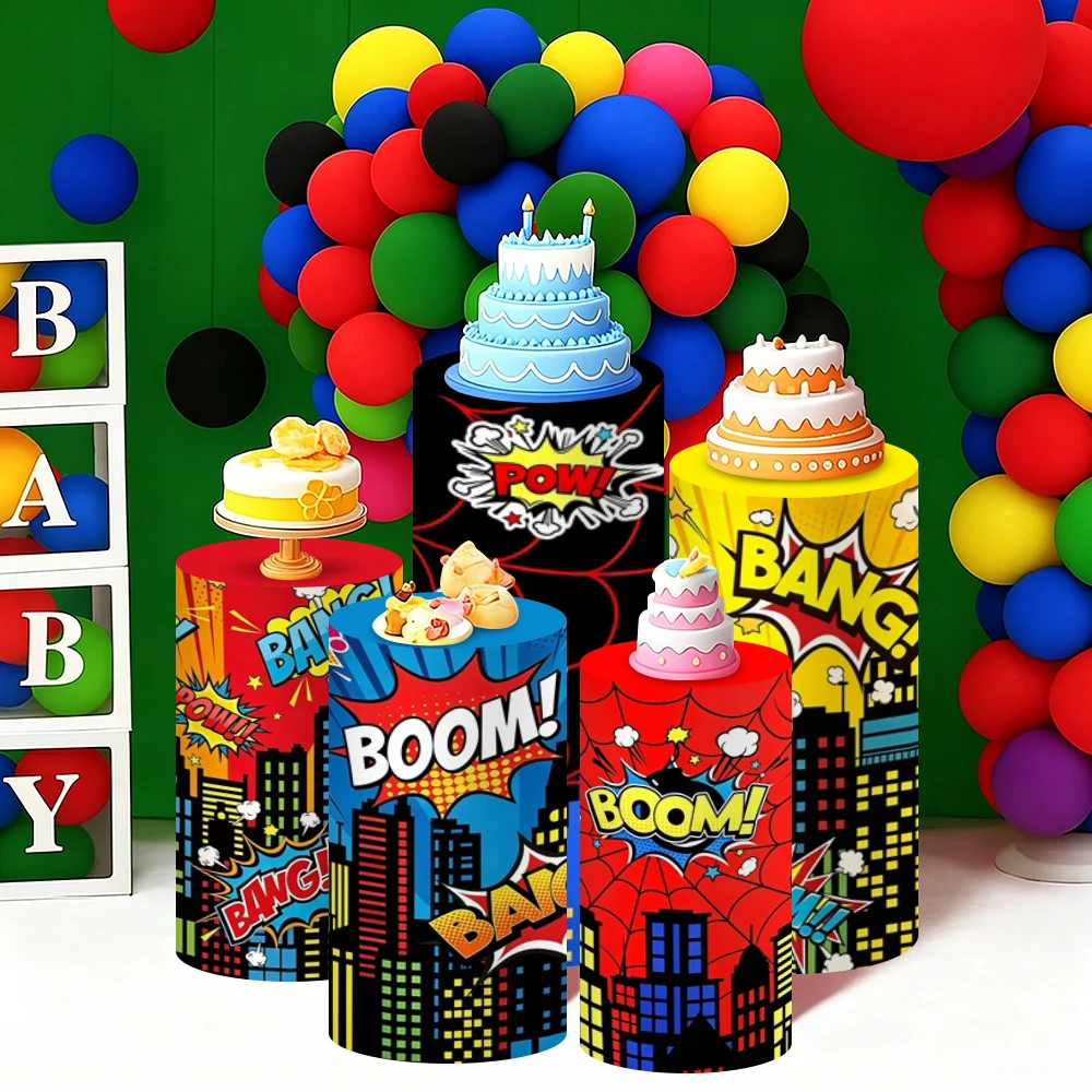 Coperture per piedistalli cilindrici a tema City Hero per decorazioni di eventi e feste di compleanno, fondali in spandex con edifici urbani per colon