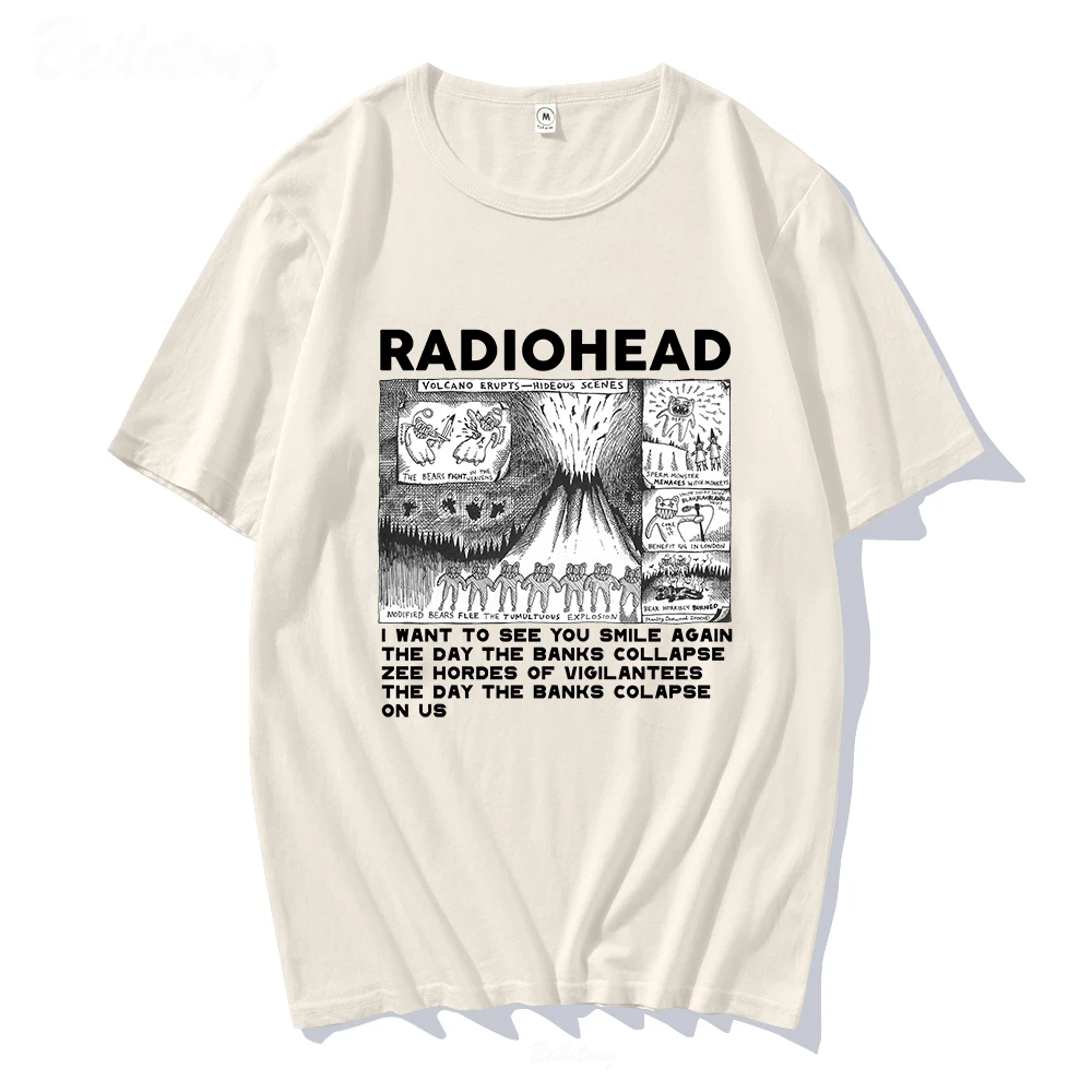 Radiohead Vintage Print T Shirt Mens Oversized 100% Cotton Unisex T-shirts Hip Hop Rock Band Music Album Tees Harajuku Male Tops