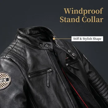 Genuine Cowhide Leather Biker Jacket Men's Slim Fit Short Motorcycle Coat Embroidery 5