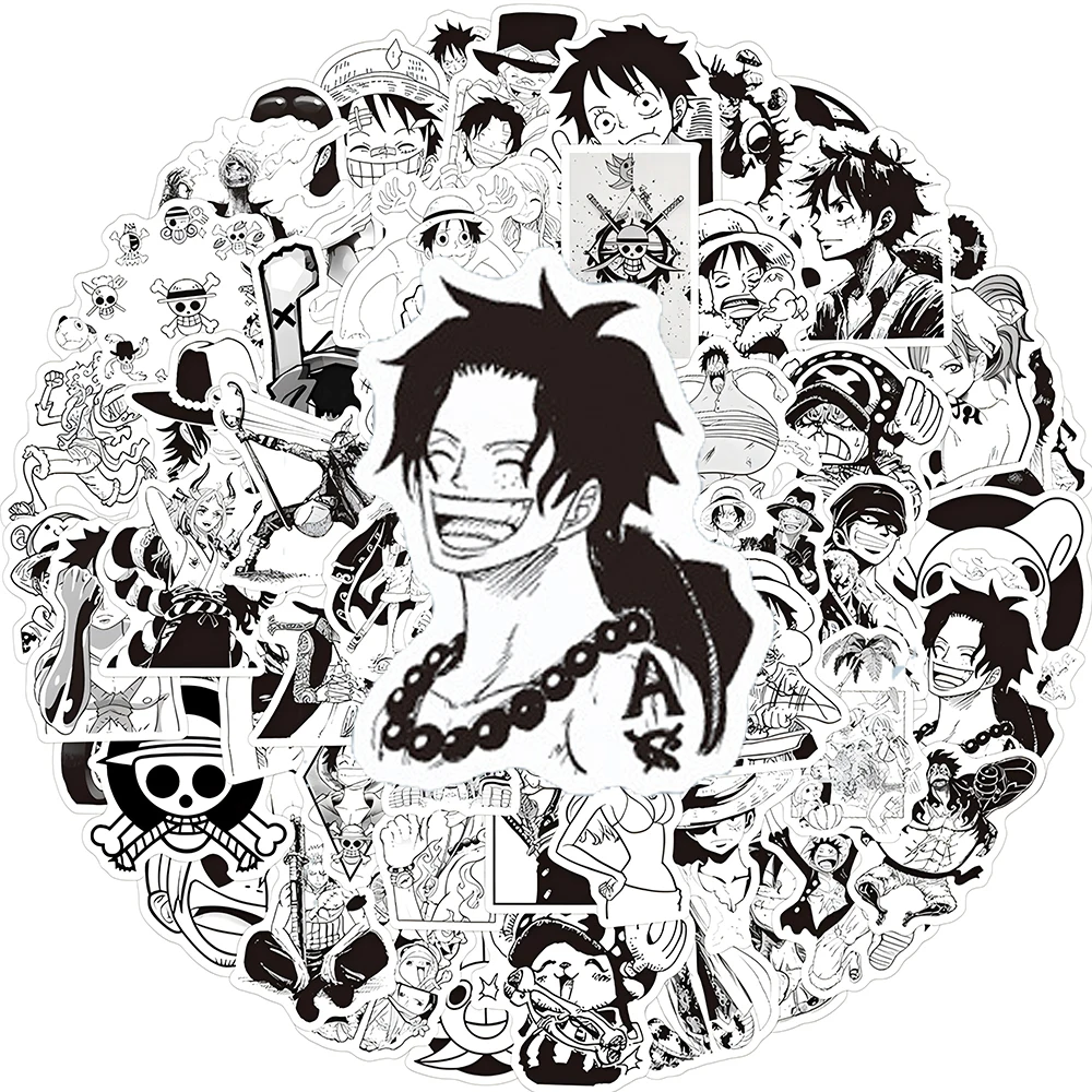 

10/30/50/120pcs Black White Anime ONE PIECE Stickers Cartoon Luffy Decals Kid Toy DIY Stationery Guitar Guitar Cool PVC Sticker