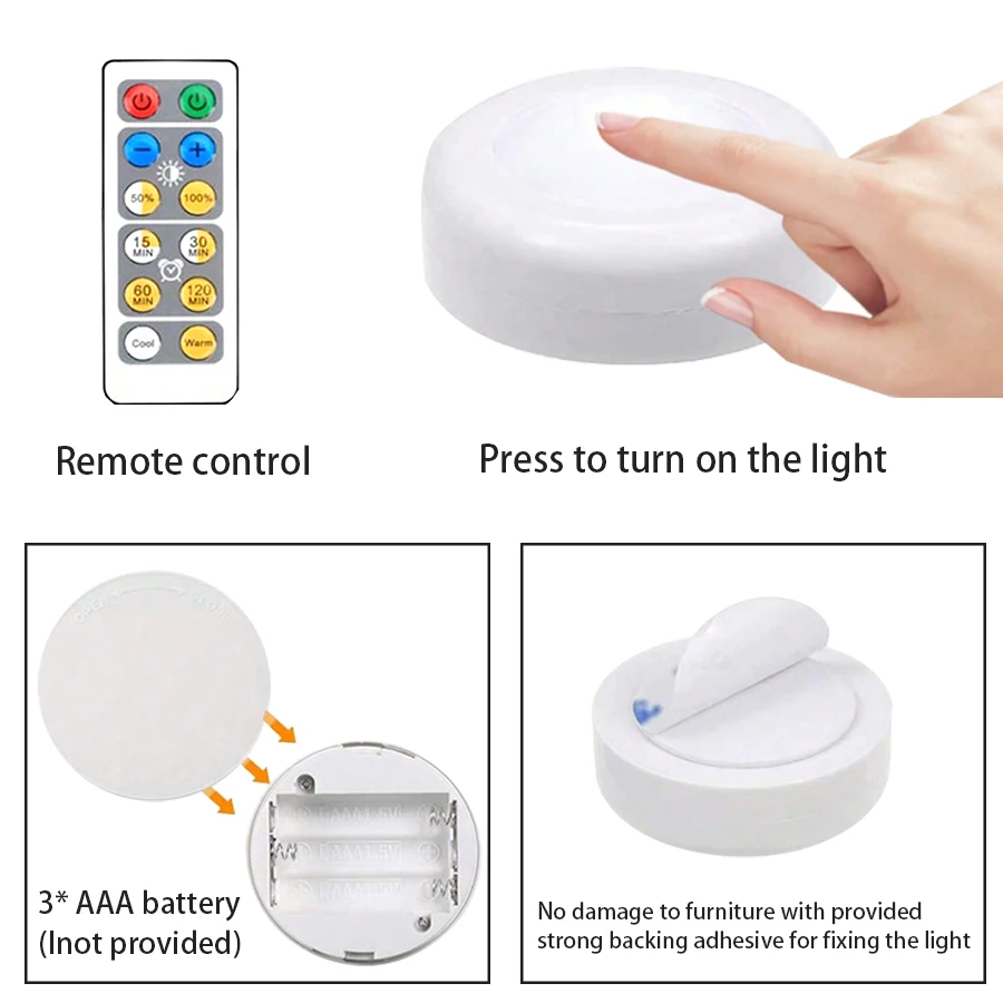 1-6 pezzi LED sotto la luce dell\'armadio 3 colori luce notturna dimmerabile con telecomando lampada da camera da letto alimentata a batteria luci