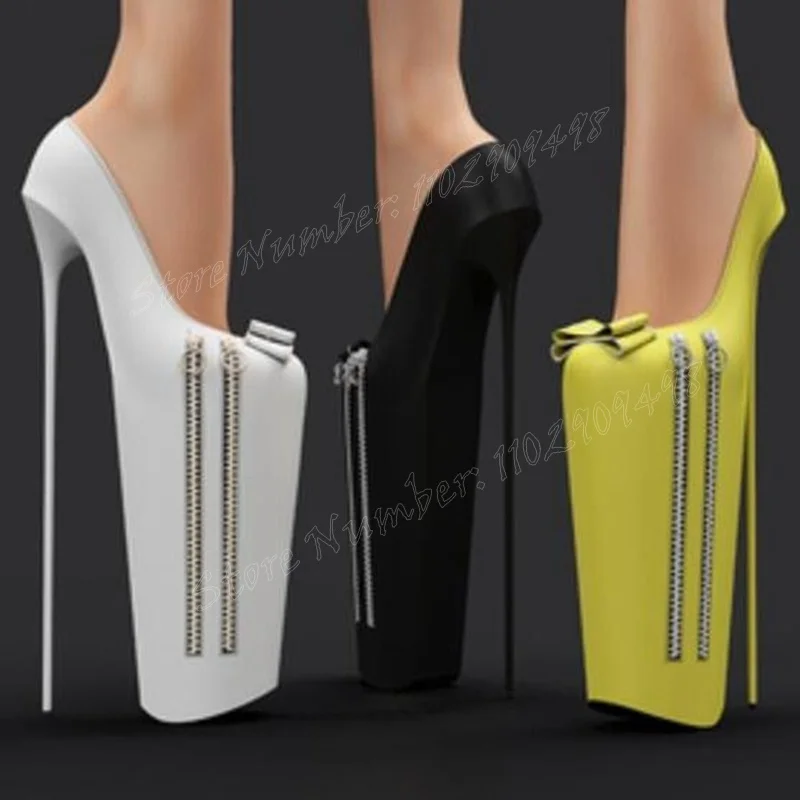 

White Bow Knot Zipper Decor Pumps Round Toe Platform Shoes for Women Exteme Thin High Heels Sexy Shoes 2024 Zapatos Para Mujere