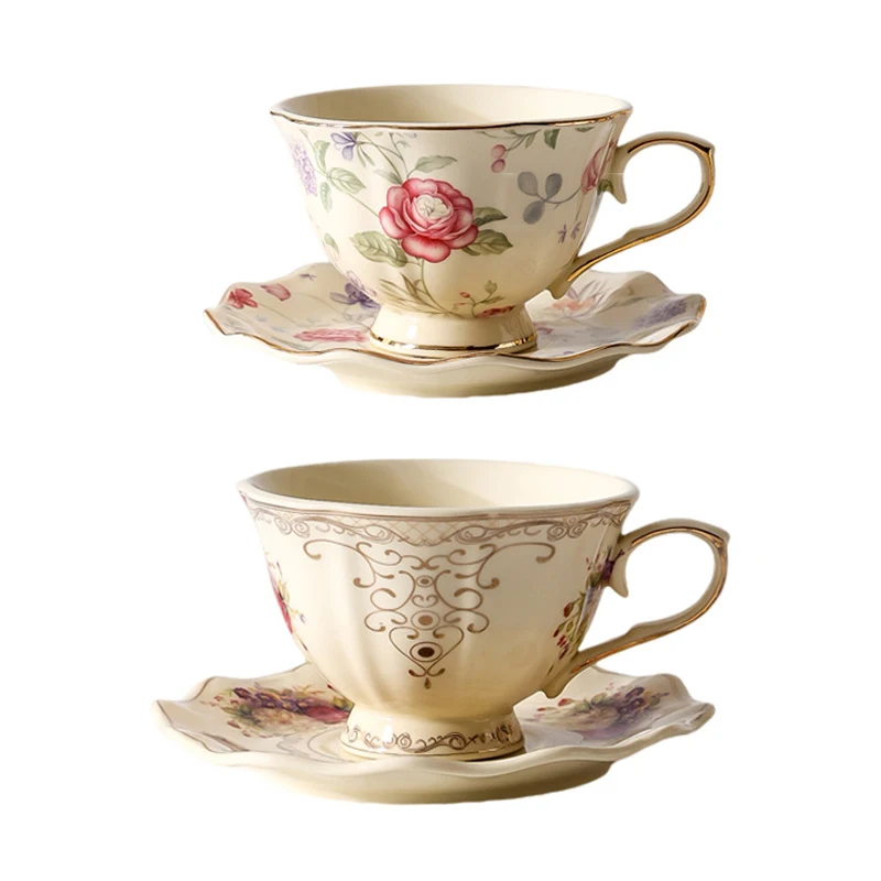 Large Tea Cup with Saucer 250ml Vintage Floral Ceramic Coffee Cup Rose Tea Cup Elegant Coffee Cup with Gold Trim