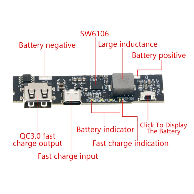 QC3.0 QC2.0 Dual USB 18W Type-C USB SW6106PD Fast Charge Mobile Power Bank 18650 Charging Module With Indicator