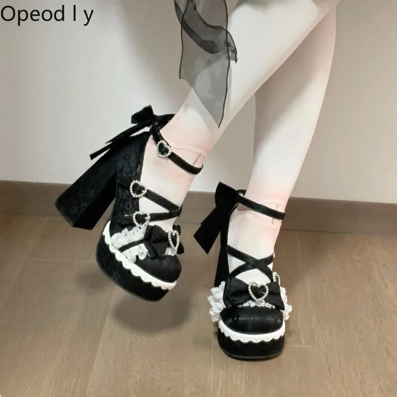 

Japanese Fashion Cute Girl Jk Thick High Heels Sweet Round Head Elegant Little Flower Marriage Original Lolita Women's Shoes