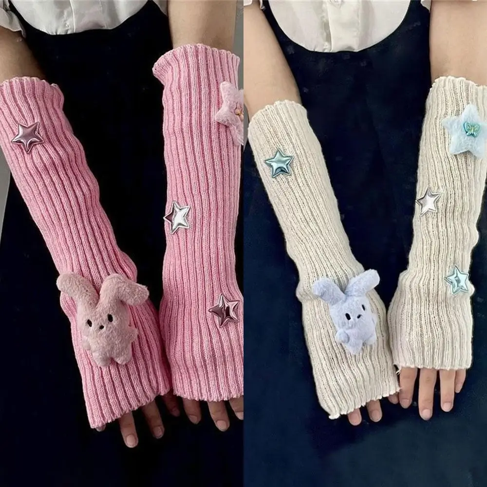 Kawaii Thicken Warm Arm Sleeves Knitted Long Half-finger Glove Arm Warmers for Winter