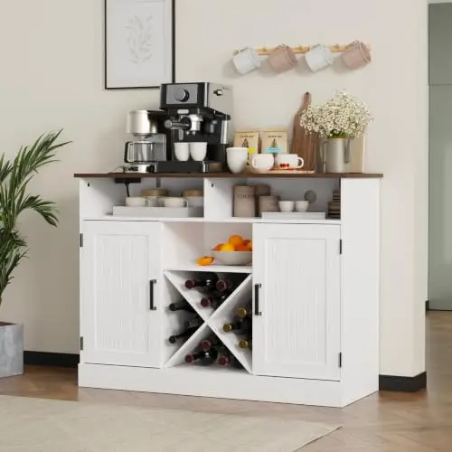 Farmhouse Coffee Bar Cabinet with Prower Outlets, Rustic Liquor Cabinet with Wine Rack, Wooden Wine Cabinet for Dining image 4