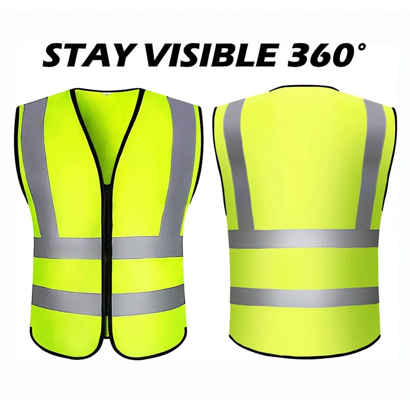 High Visibility Safety Vest with Reflective Strips with Zipper Front, High Visibility and Safety, Breathable Polyester Material