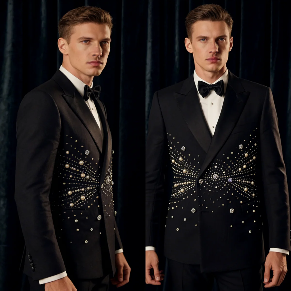 

Sparkly Crystals Blazer Suits Double Breasted Peaked Lapel Men Wedding Tuxedos Beaded Red Banquet 2 Pieces Customized