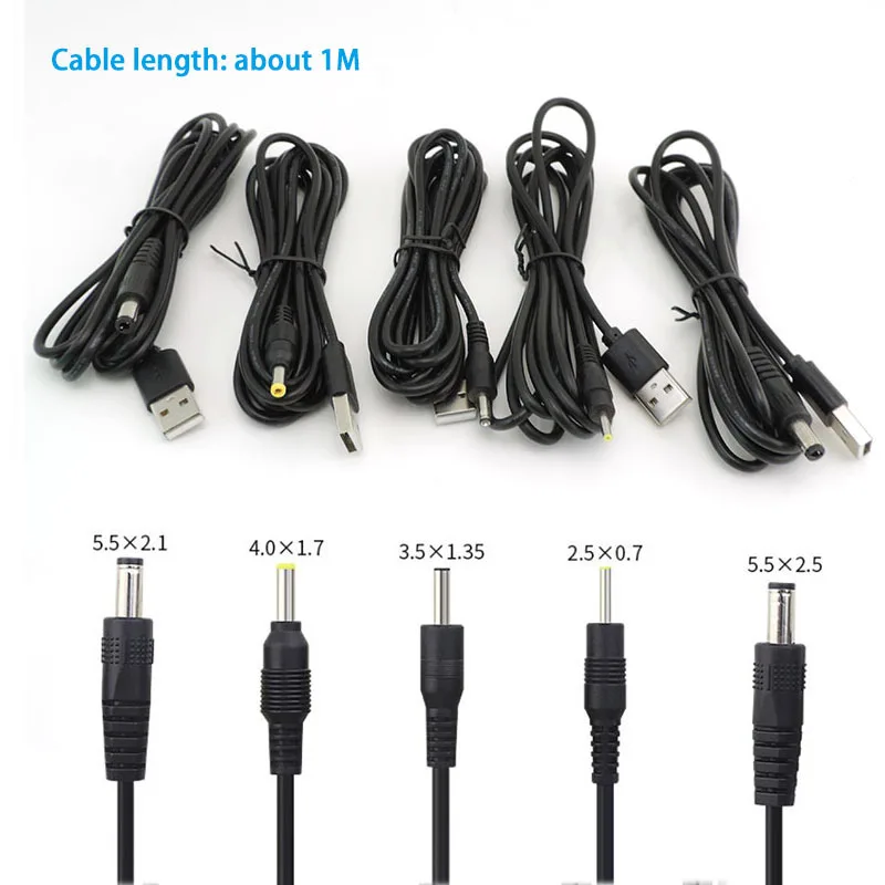 1m USB type A Male to DC 2.0 0.6 2.5 3.5 1.35 4.0 1.7 5.5x2.1 5.5x2.5mm male Power supply Plug Jack connector 22awg cable cord