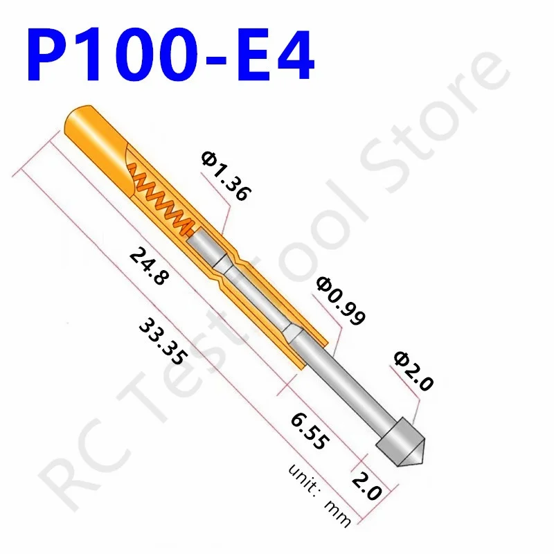 

100pcs Pogo Pin P100-E4 Spring Test Probe P100-E Nickel Plated Test Pin Needle Head Dia 2.0mm Length 33.35mm Pin Dia 1.36mm