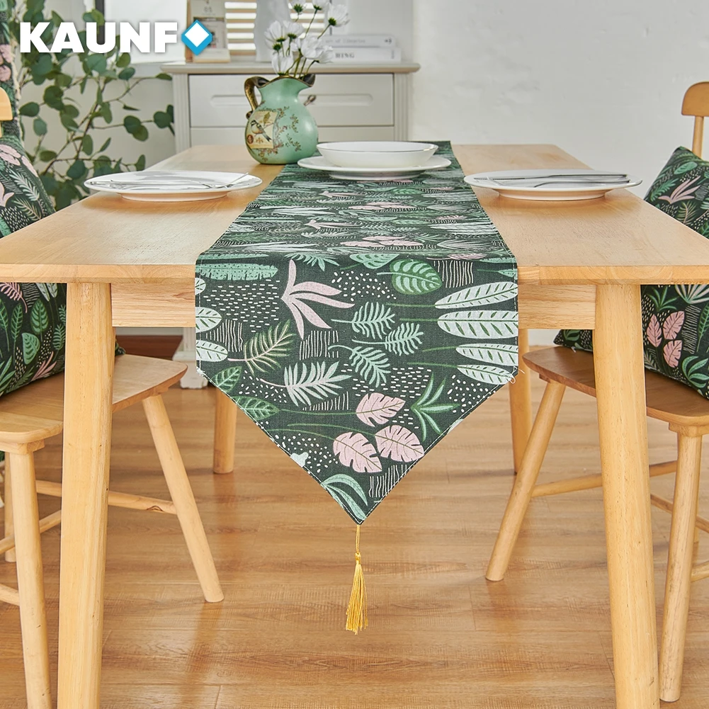 

KAUNFO Green Leaves Floral Table Runner Printed Dining Decor 1PC