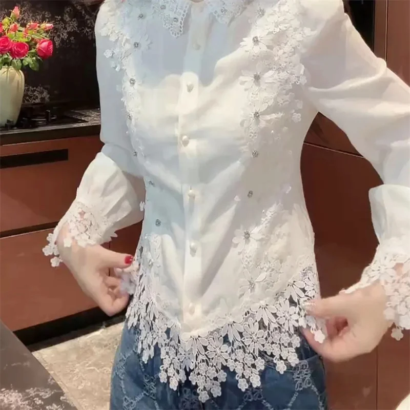 

Lace Patchwork Fashionable Shirt Women's Shirt Blouse 2026 Spring Summer Autumn New White Temperament Top Ladies Shirts