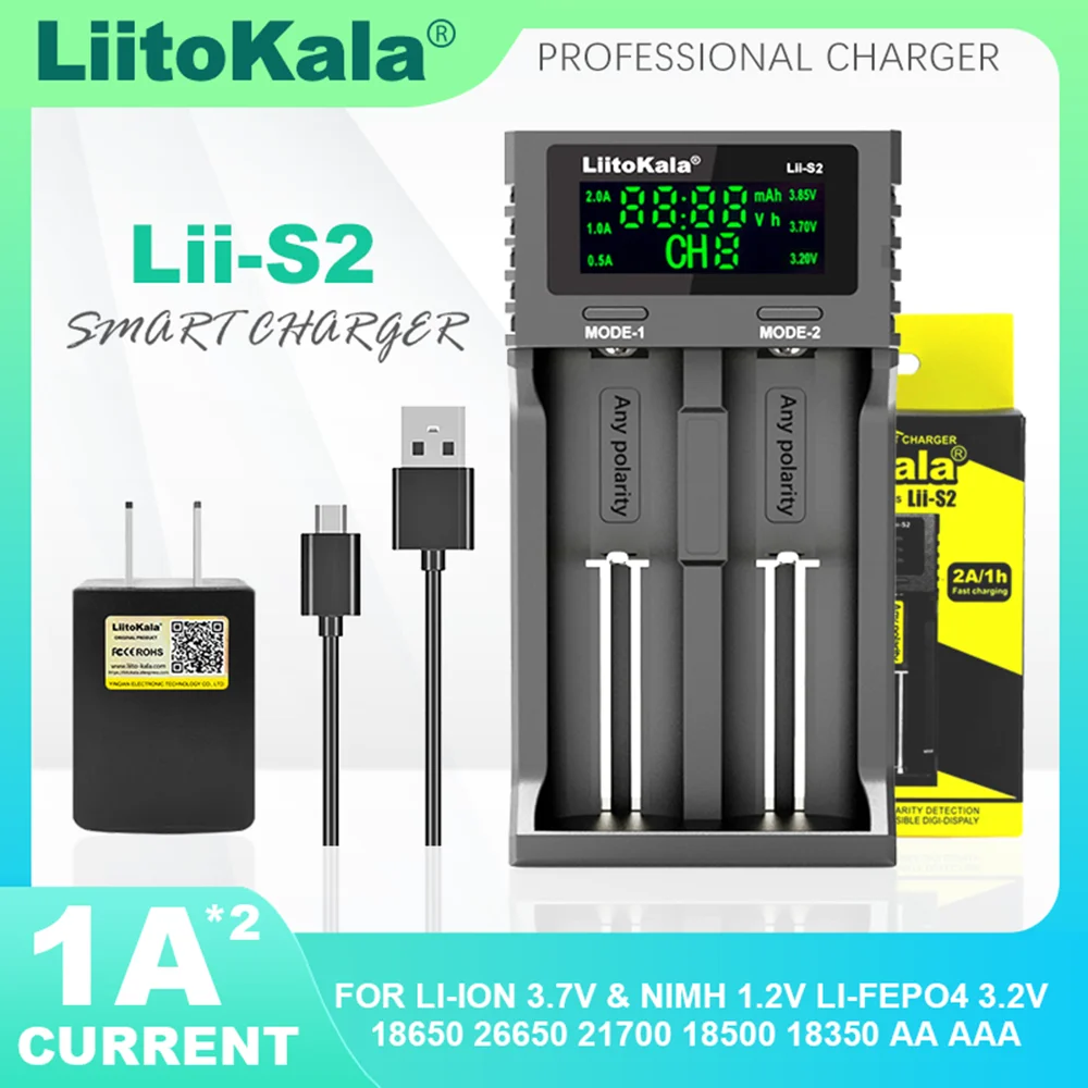 Liitokala Lii-S2 1.2V NiMH 3.7V Lithium Rechargeable Battery Charger for 3.8V 3.2V 18650 18350 18500 21700 26650 16340 26700 AA