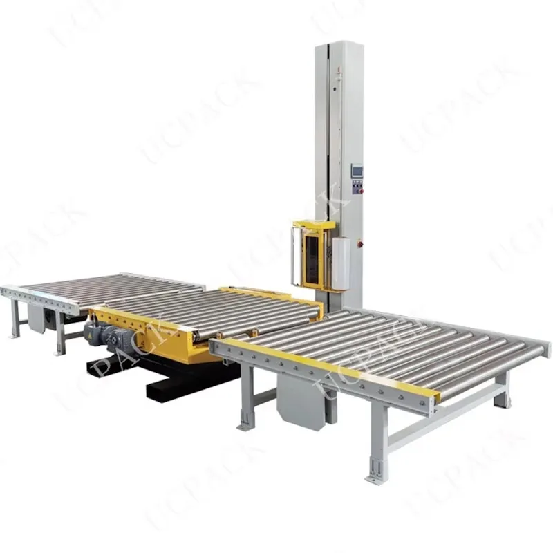 Online Turntable Stretch Film Automatic Pallet Shrink Wrapper Wrapping Packing Machine With Roller Conveyor