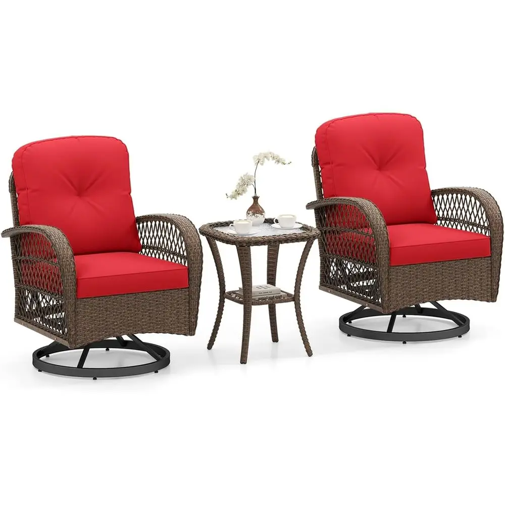

360° Swivel Rocking Patio Furniture Set with Cushions, Tempered Glass Coffee Table, Outdoor Rattan Bistro Set for Balcony, Deck,