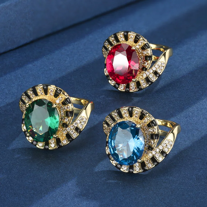 

Ювелирное изделие на медной основе, с позолотой, красным корундом и синим шпинелем, креативное кольцо в форме яйца 10*12.