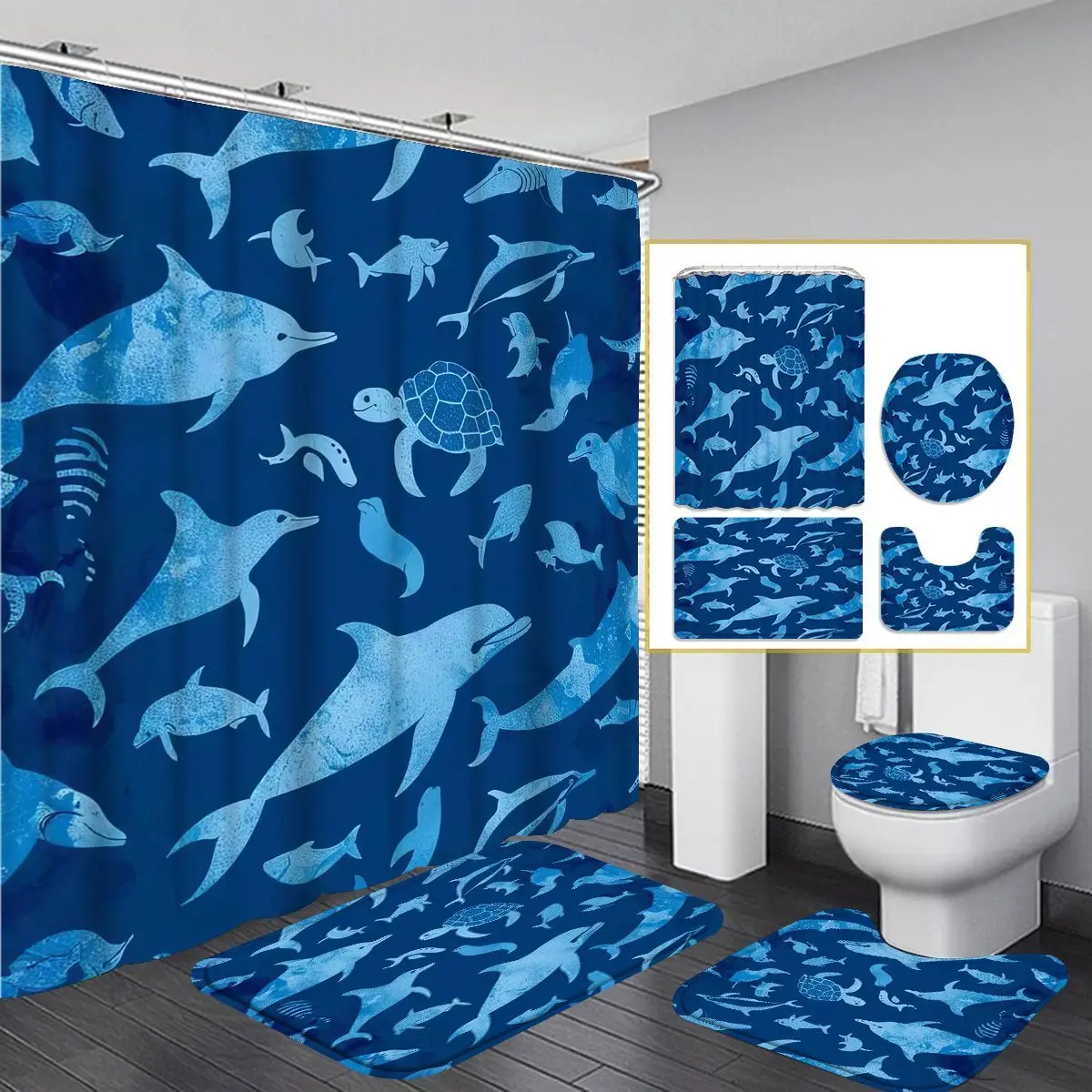 

4 шт., разноцветная декоративная занавеска для душа с рисунком ракушки, коврик для ванной комнаты, U-образный коврик для унитаза, чехол на сиденье унитаза