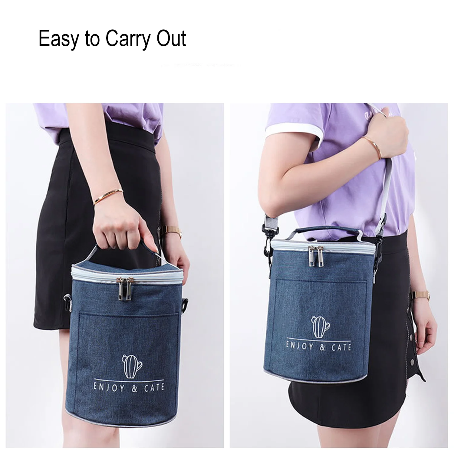 Wiederverwendbare Isolierte Lunch-Tasche Verstärkte Zylindrische Bento-Tasche für Büroangestellte Studenten Reisen Picknick Mahlzeiten-Handtasche Reisbeutel – Detail 4