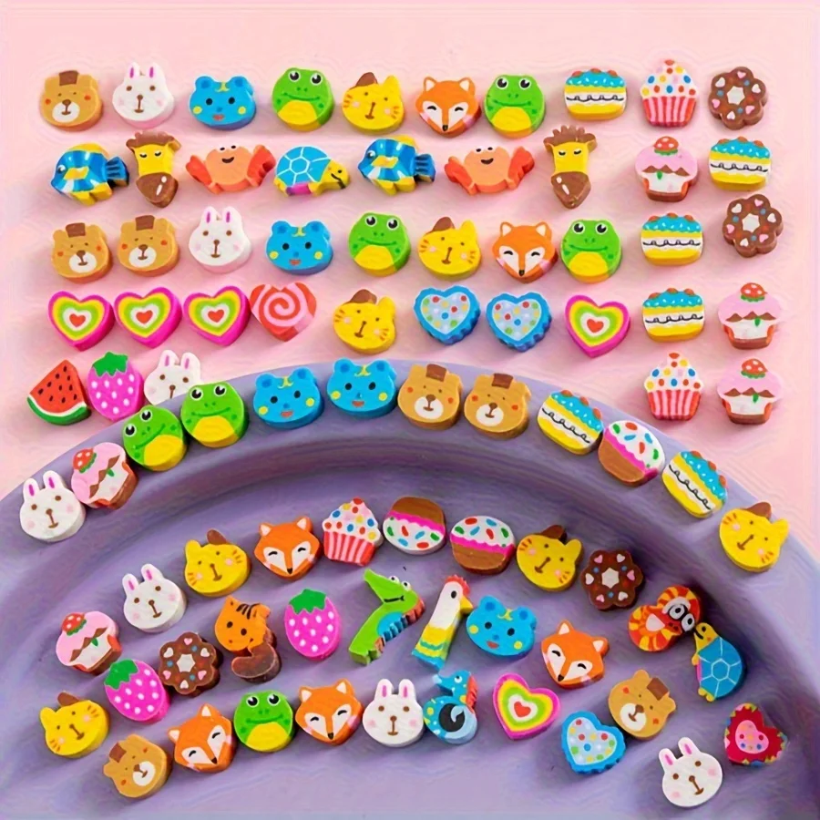 50 PCS Fruit & Animal Pattern Rubber Erasers - 1cm School Stationery Set for Students, Office Correction Tools ZSY