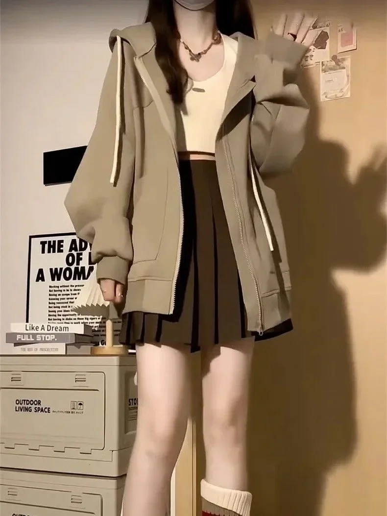 Autumn Winter Korean Vintage Harajuku Hoodie Solid Zippered Cardigan Hoodie Women's Loose College Style Jacket Sweatshirt Y2k