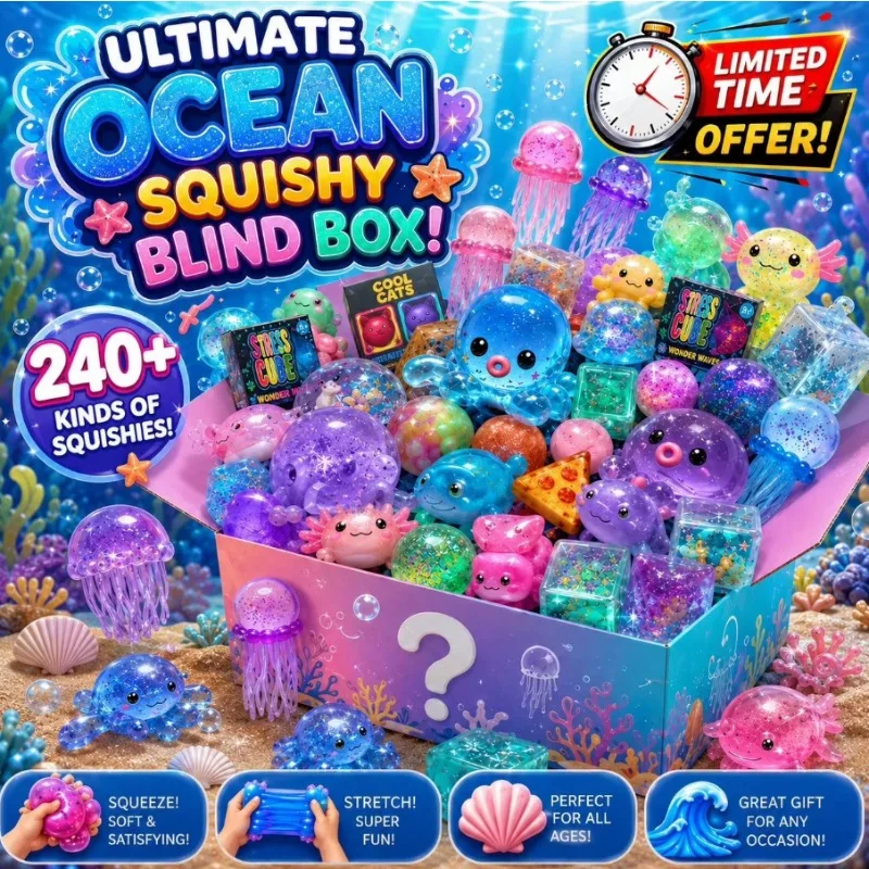 

Ultimate Ocean Themed Squishy Blind Box, Kawaii Glitter Jellyfish & Octopus Squeeze Toys, Transparent Sparkly Slow Rising Sensory Decompression Toy, 240+ Assorted Styles Surprise Mystery Set, Soft Stretchy Satisfying Tactile Stress Relief Fidget Toy