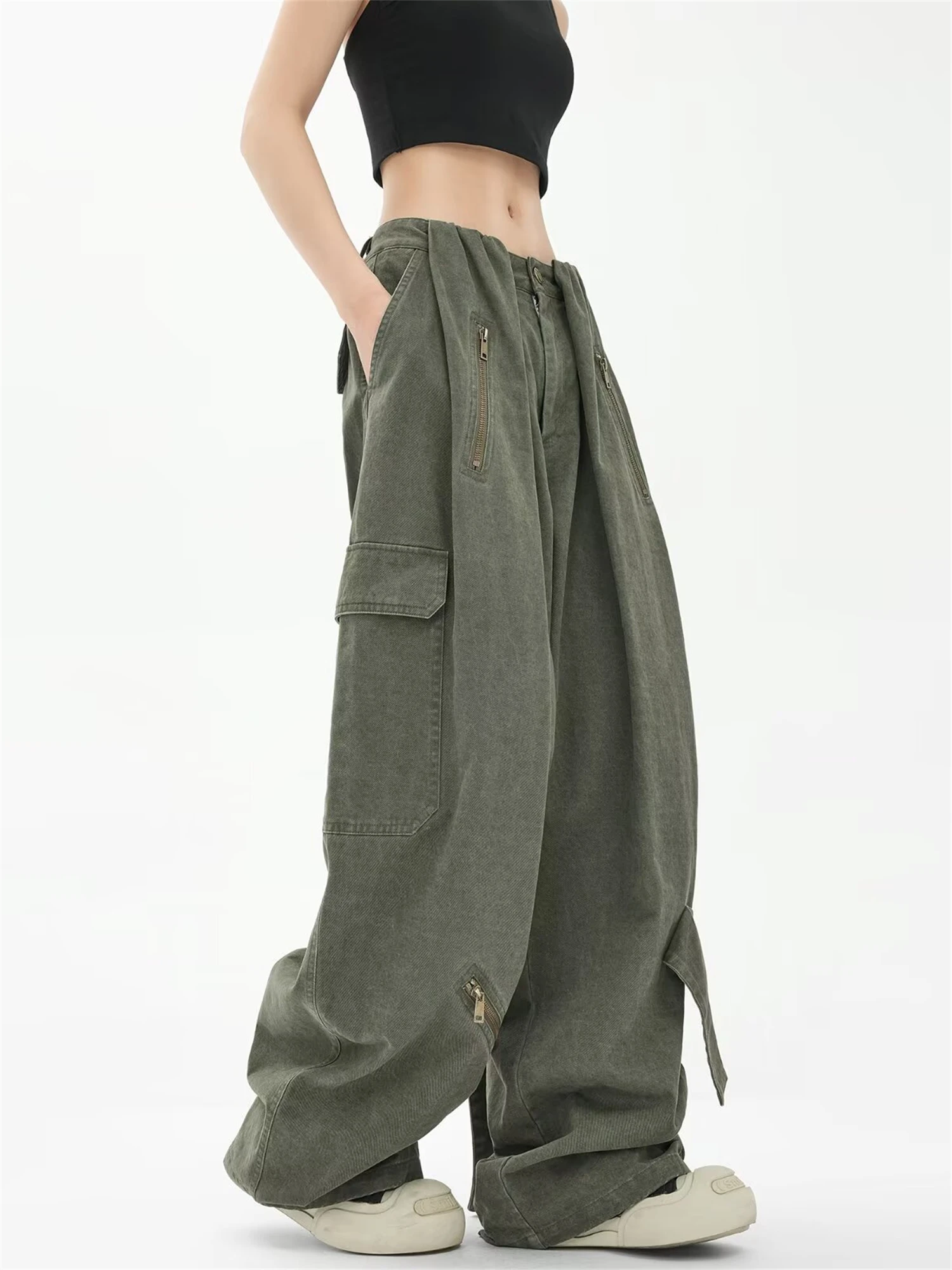 Y2K Women's Olive Green Cargo Pants New Fashion Multiple Zipper Pockets Oversized Wide Leg Loose Casual Streetwear Trousers
