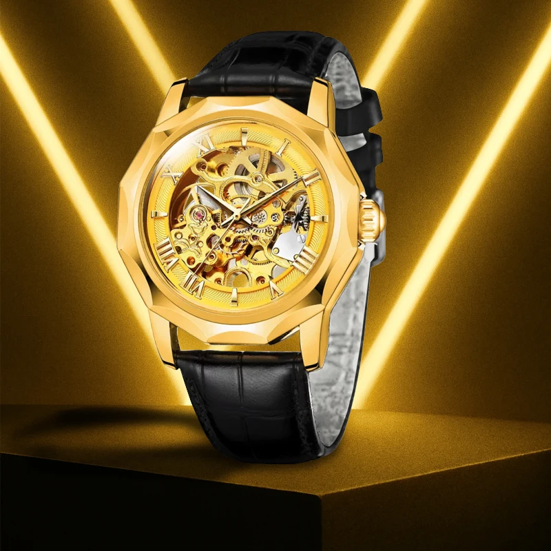 

A men's black leather strap, new and stylish Roman numerals, fine gears, fully automatic mechanical watch