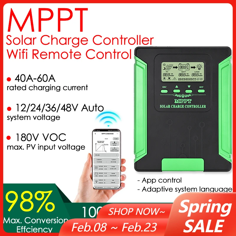 

12/24/36/48V Auto WIFI MPPT Solar Charge Controller 40/50/60A Solar Panel Battery Regulator LCD USB for Lifepo4 Lead AcidLithium