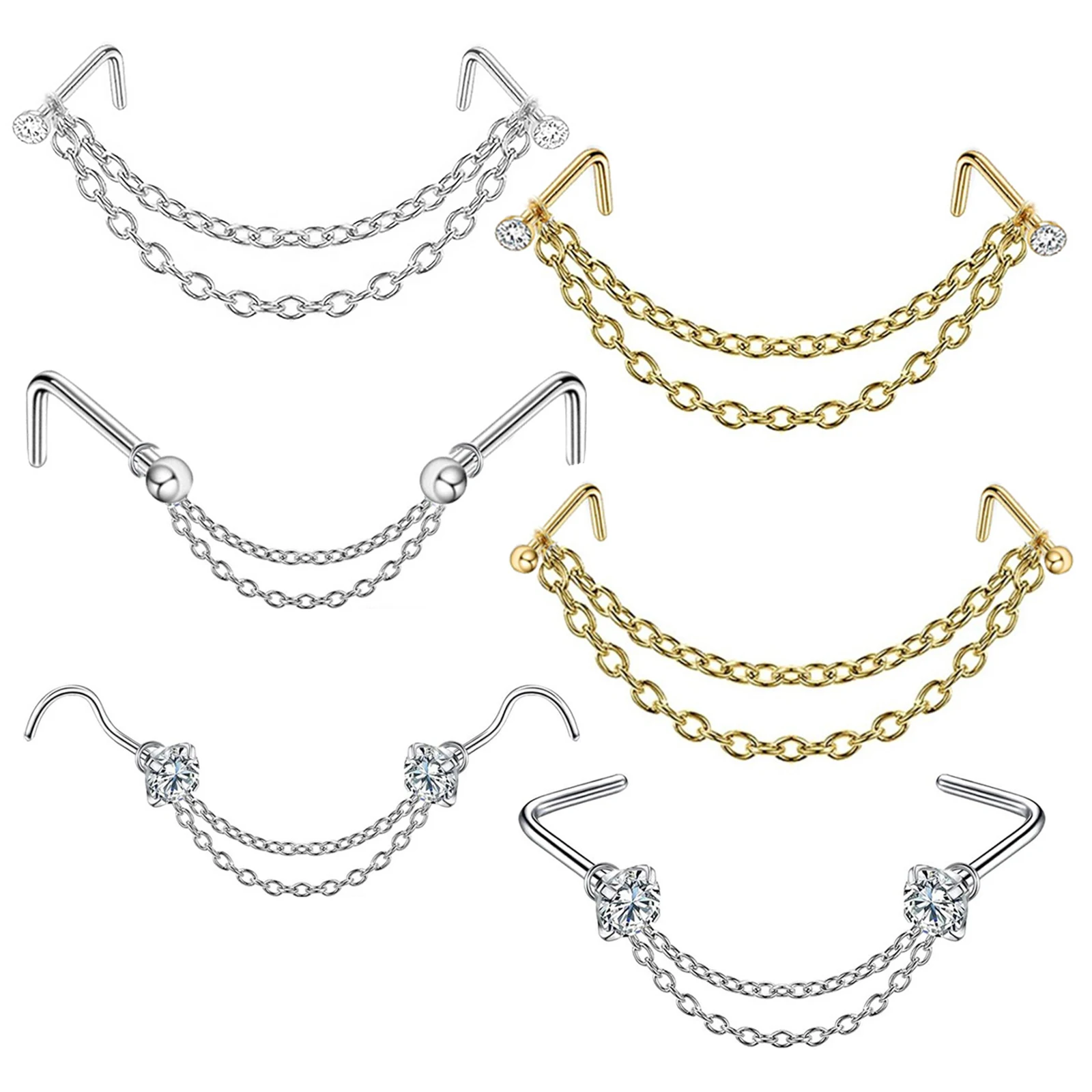 

6pcs Nose Chain Piercing Studs Jewelry Stainless Steel Lightweight Fashion Design Daily Nose Accessories Perfect Gift