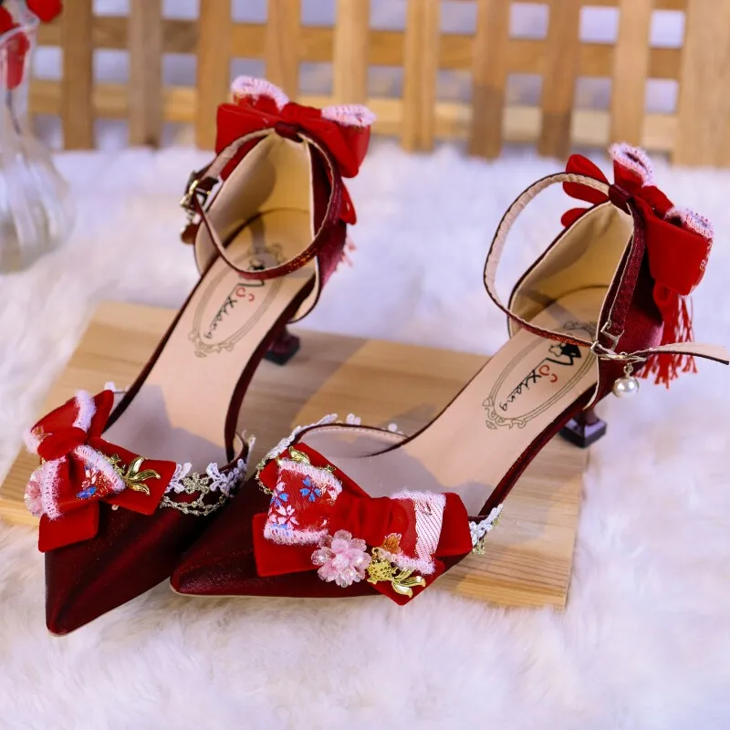 

Red Chinese Style Lolita Heels Floral Bow Pointed Toe Shoes 5/8cm Heel Ankle Strap Wedding Pumps