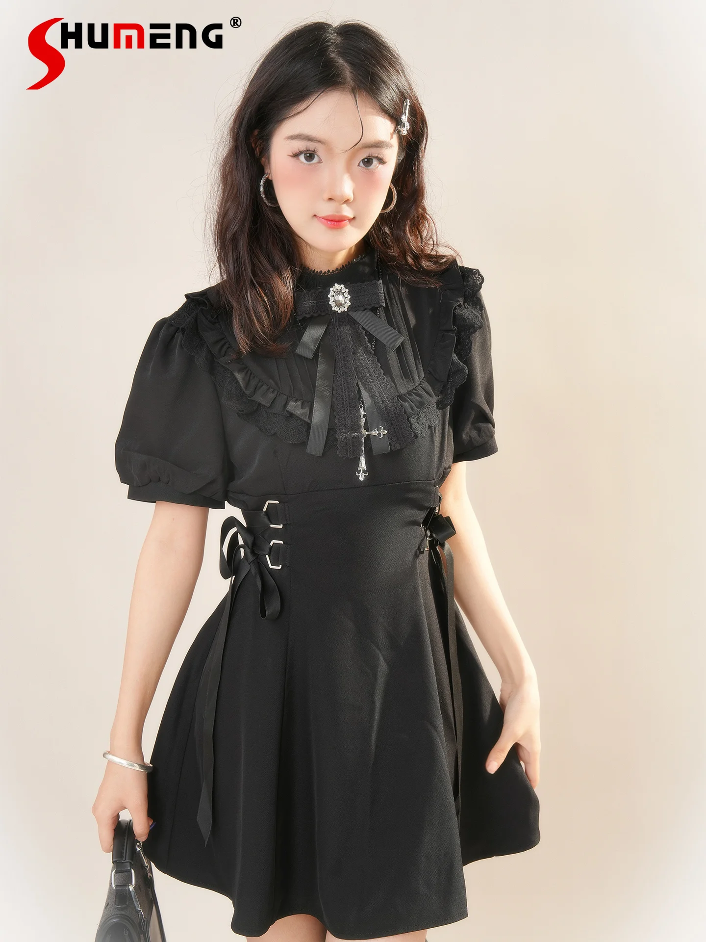 

Mine Style Elegant Sweet Girl Black Princess Dresses Lace Bubble Sleeve Lace-up Bow High Waist Slim A-line Short Dress for Women