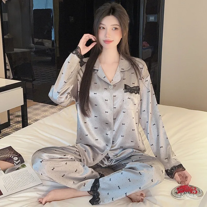 

Новая кружевная пижама из ледяного шелка для женщин, тонкий комплект с длинными рукавами для весны и осени с жаккардовым бантом, элитная домашняя одежда с охлаждающим эффектом