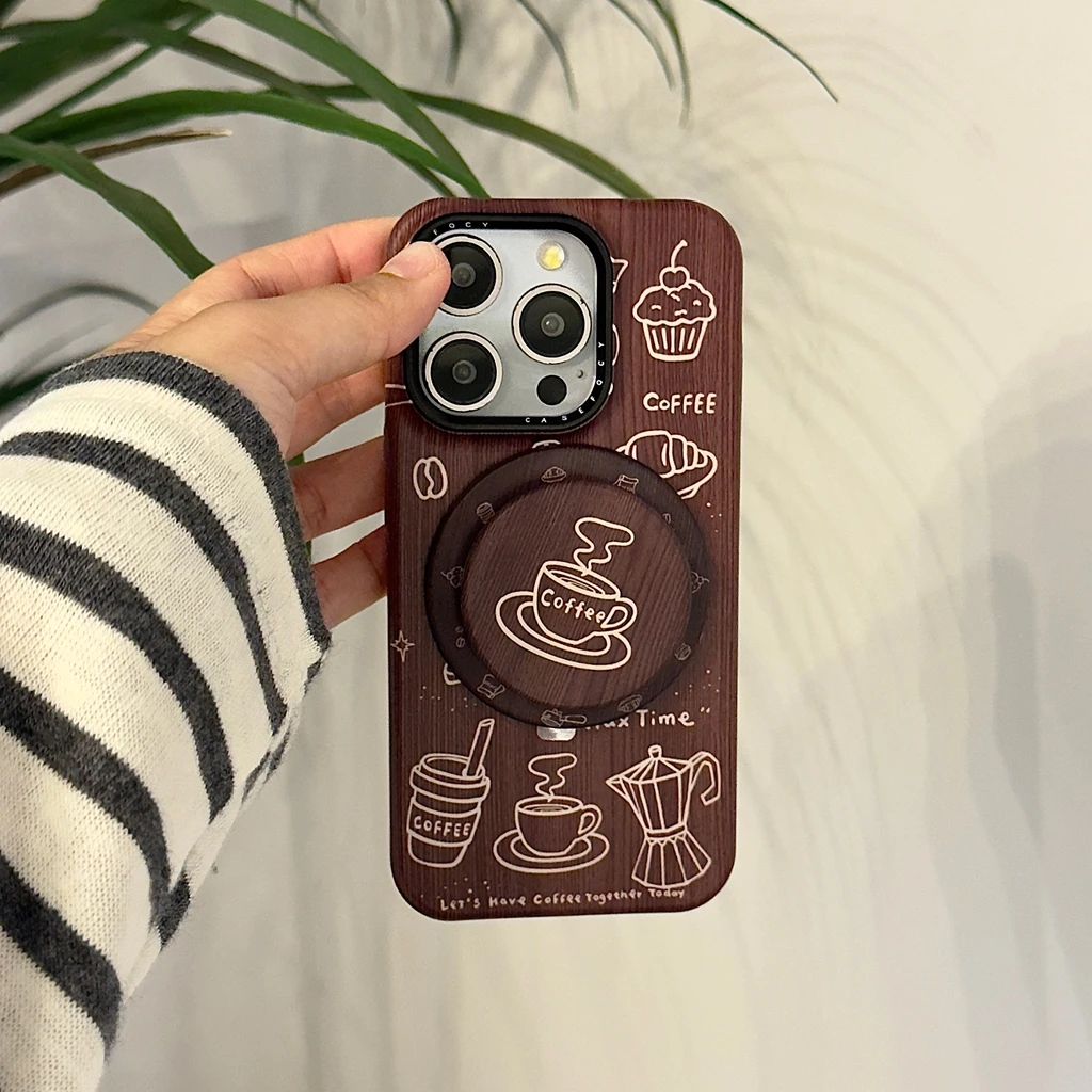 الرجعية خطوط بنية القهوة الكرواسون نمط خشبي مع حامل المغناطيسي غطاء الهاتف القضية آيفون 17 16 15 14 برو ماكس #1