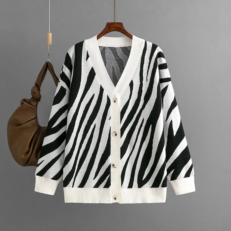 Stripes Knit Drop Shoulder Cardigan Women Coat Autumn Korean Fashion V-neck Long Sleeve Loose Sweater Female Oversized Cardigan